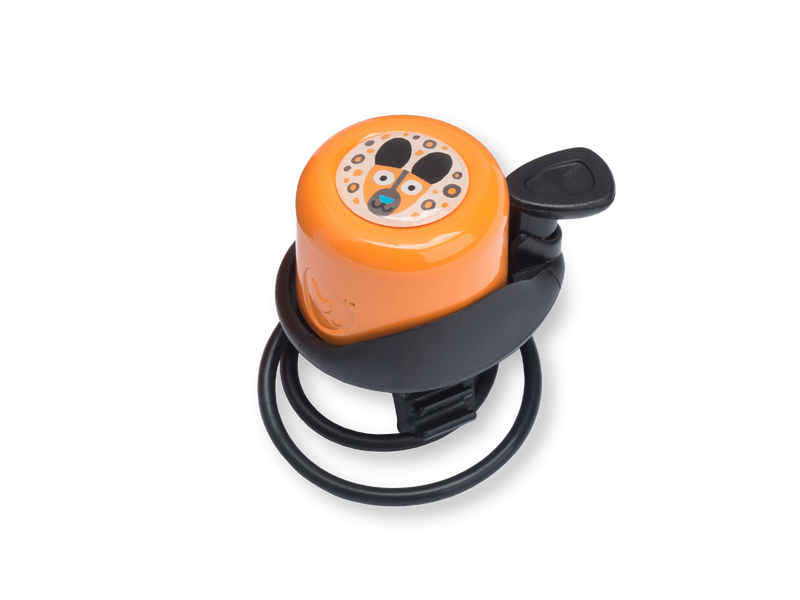 Orange bike bell with wild dog artwork