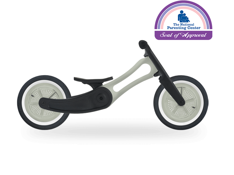 Raw and black running bike with National Parenting Centre seal of approval