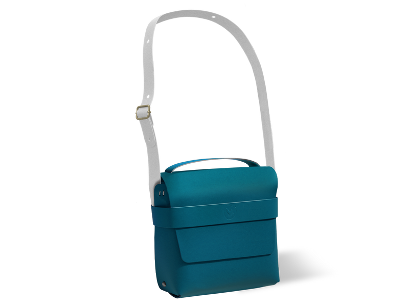 Blue leather shoulder bag with grey strap