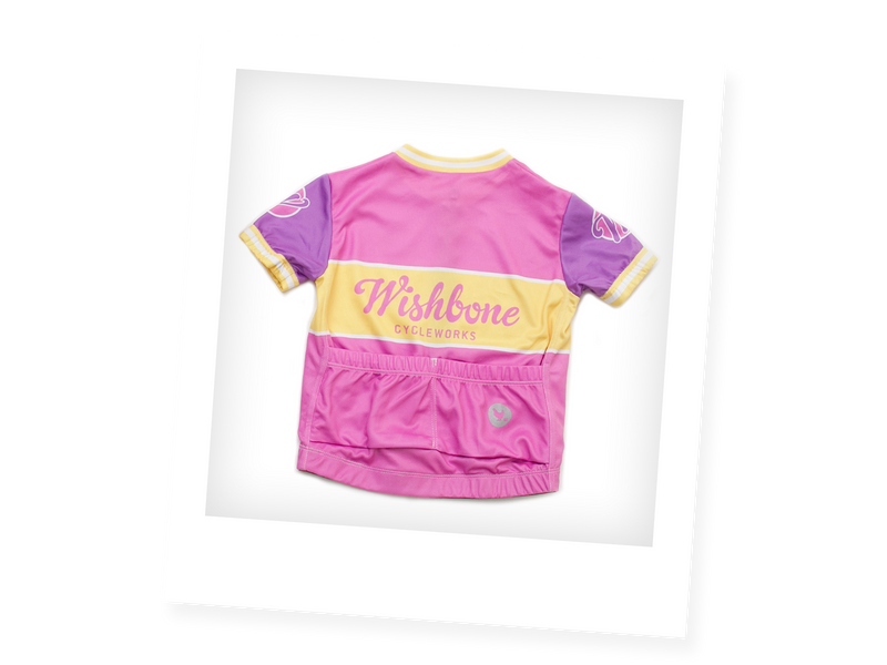 Pink, purple and yellow cycling jersey with two back pockets