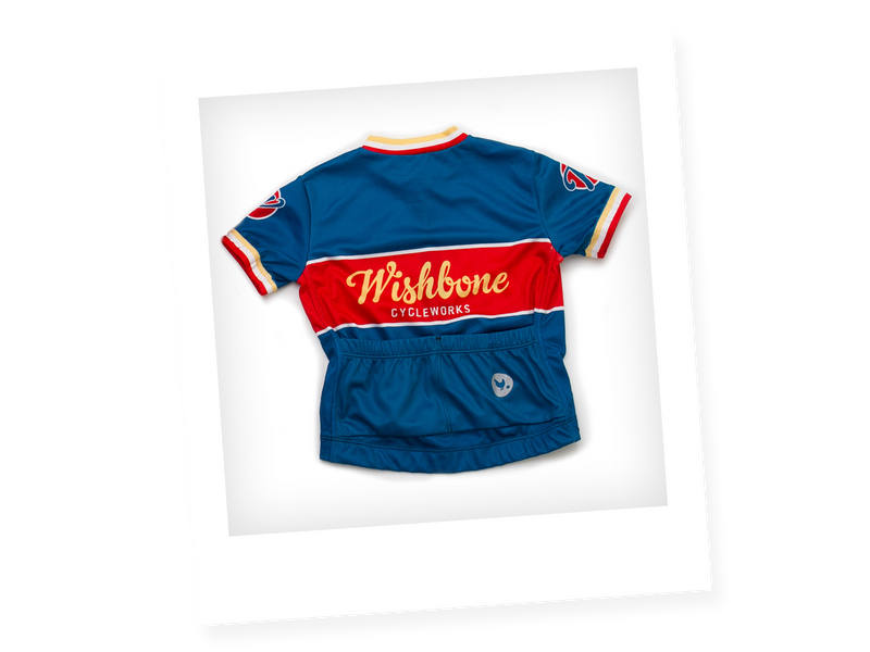 Blue, red and yellow cycling jersey with two back pockets